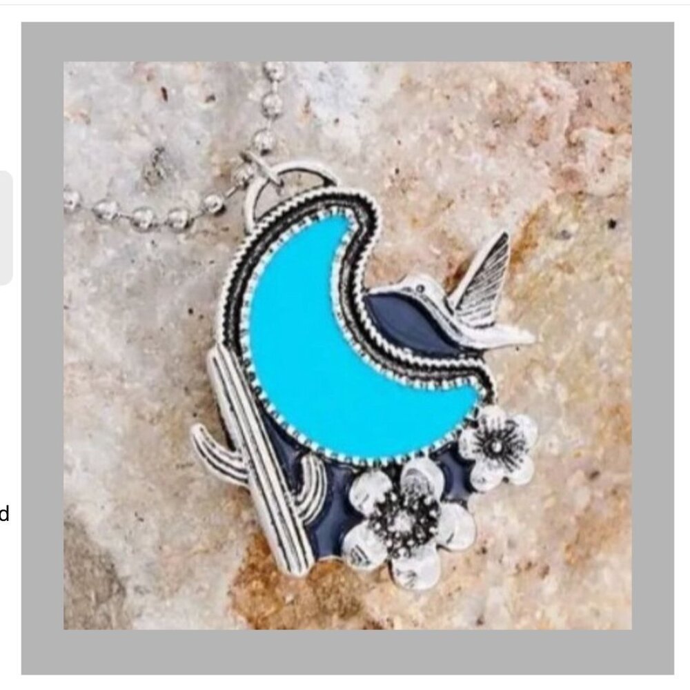 Imitation Turquoise Crescent Moon Hummingbird Pendant Necklace Silver-Tone